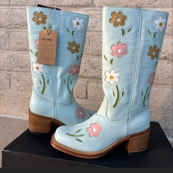 Anthropologie Shoes - Anthropologie Light Blue Leather Floral Mid-Calf Heeled Boots
